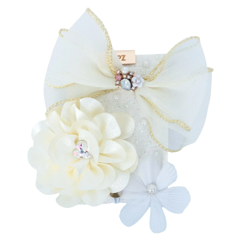 LŪPZ Champagne hair clip with ivory fabric flowers, sheer bow, and sparkling embellishments. Perfect for celebrations.